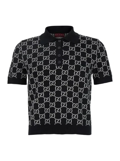 Gucci Black Polo Shirt With Ribbed Trims In Gg Canvas Woman
