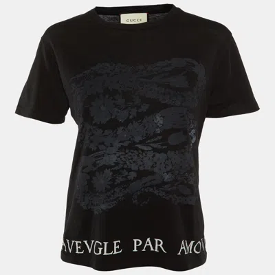 Pre-owned Gucci Black Printed Cotton Knit T-shirt Xs