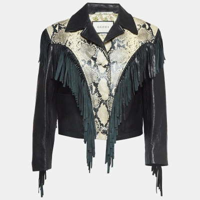 Pre-owned Gucci Black Python Embossed Fringed Leather Jacket M