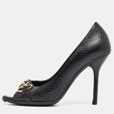 Pre-owned Gucci Black Python Horsebit Open Toe Pumps 38.5