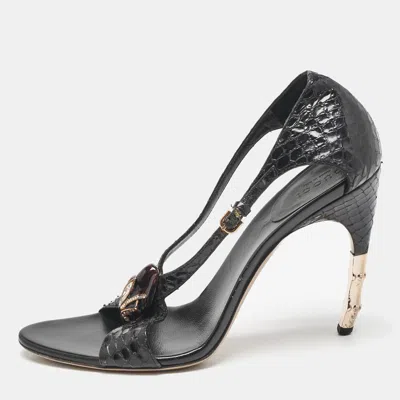 Pre-owned Gucci Black Python Snake Head Crystals Ankle Strap Sandals Size 38.5