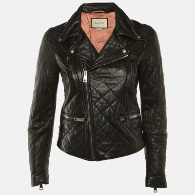 Pre-owned Gucci Black Quilted Leather Logo Embellished Biker Jacket Xs