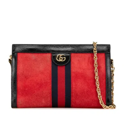 Pre-owned Gucci Black Red Color Suede Leather Shoulder Bag ()