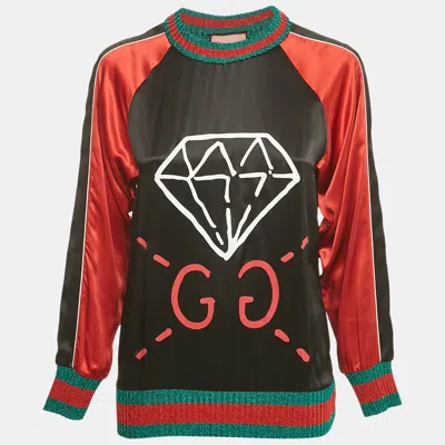 Pre-owned Gucci Black /red Ghost Diamond Print Silk & Lamé Web Trim Top S