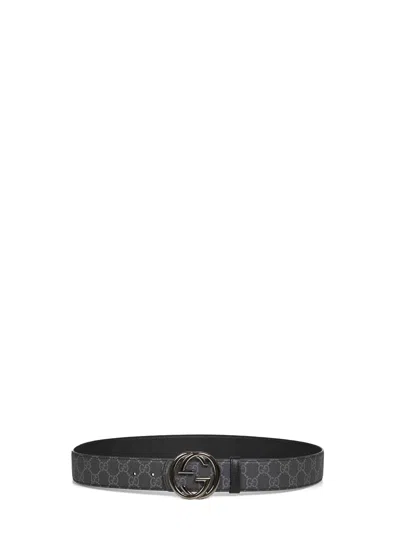 Gucci Men Black Reversible Belt With Interlocking G Buckle In Gray