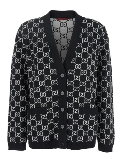 Gucci Black Reversible Cardigan With V Neck In Gg Canvas Woman