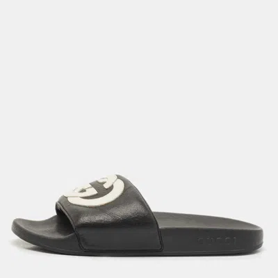 Pre-owned Gucci Black Rubber Gg Logo Pool Slides Size 38