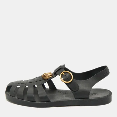 Pre-owned Gucci Black Rubber Gg Marmont And Tiger Embellished Buckle Strap Flat Sandals Size 41