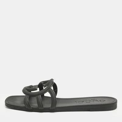 Pre-owned Gucci Black Rubber Interlocking G Flat Slide Size 35