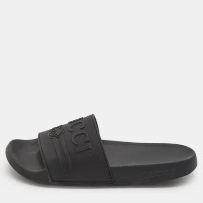 Pre-owned Gucci Black Rubber Logo Pool Slides Size 37