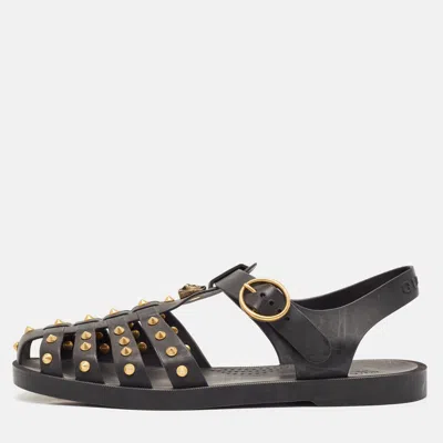 Pre-owned Gucci Black Rubber Studded Tiger Head Flat Sandals Size 41
