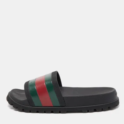 Pre-owned Gucci Black Rubber Web Detail Slide Sandals Size 40