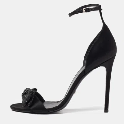 Pre-owned Gucci Black Satin Crystal Embellished Bow Open Toe Ankle Strap Sandals Size 41