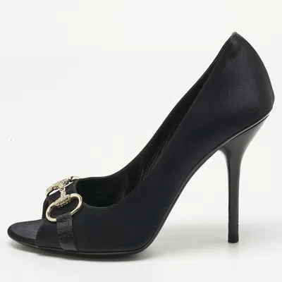 Pre-owned Gucci Black Satin Horsebit Peep Toe Pumps Size 39