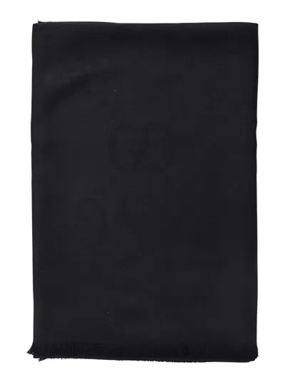 Gucci Black Scarf With Gg All-over Motif In Wool Woman