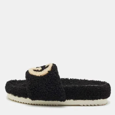 Pre-owned Gucci Black Shearling Gg Flat Slides Size 42