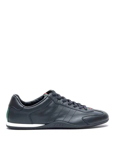 Gucci Men Black Low Top Sneakers With Web Tongue In Leather Man
