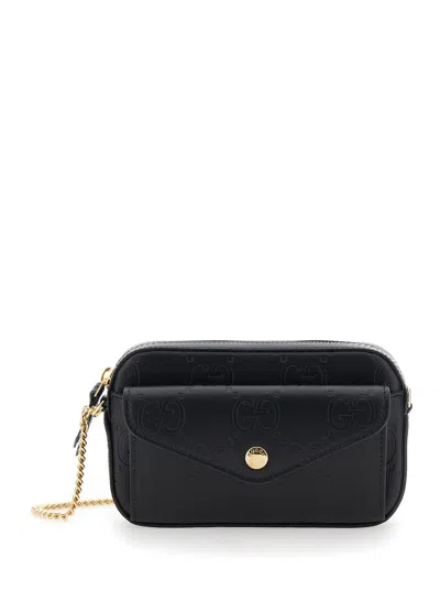 Gucci Black Shoulder Bag With Chain-link Removable Shoulder Strap And All-over Gg Motif In Leather W In Multicolor
