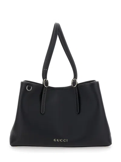 Gucci Black Shoulder Bag With Logo Lettering On The Front And Adjustable Top Handles In Leather Woma In Multicolor
