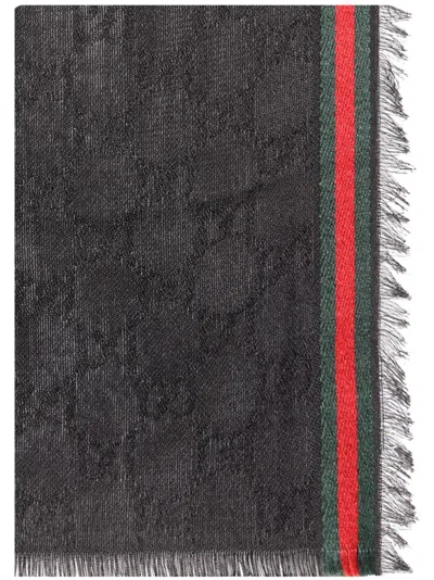 GUCCI GUCCI  BLACK SILK AND COTTON STOLE WITH GG PATTERN