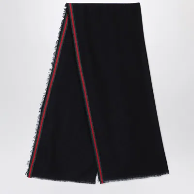 Gucci Black Silk And Cotton Stole With Gg Pattern In Black E Dark Green