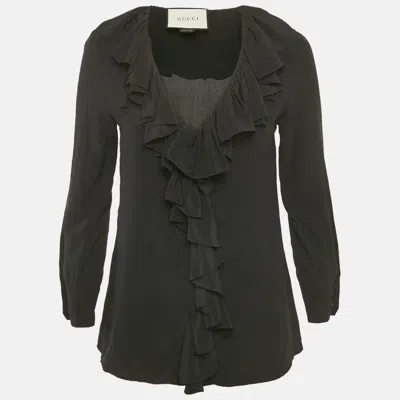 Pre-owned Gucci Black Silk Ruffled Blouse M