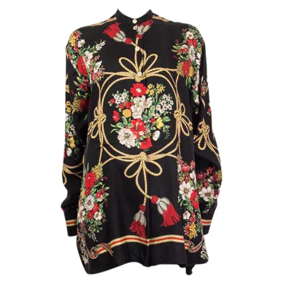 Pre-owned Gucci Black Silk Twill Floral Tassel Oversized Blouse Shirt 40 S