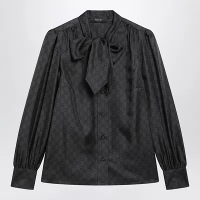 Gucci Black Silk Twill Shirt With Gg Print In Blue