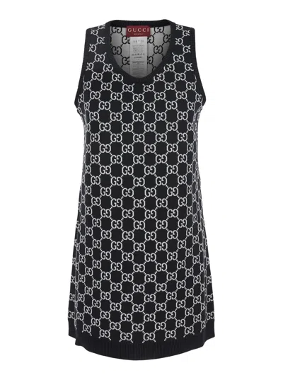 Gucci Black Sleeveless Mini Dress With Round Neck In Gg Canvas Woman