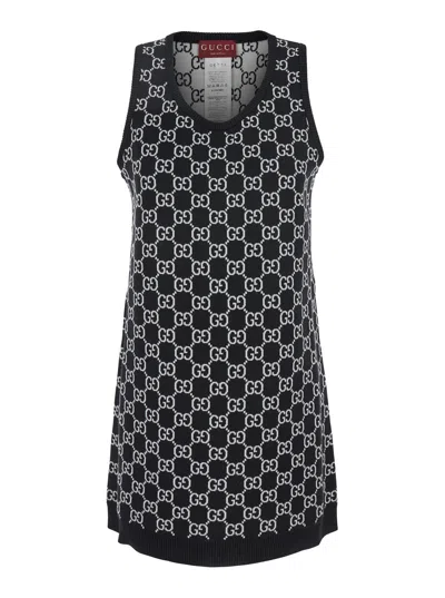 GUCCI GUCCI BLACK SLEEVELESS MINI DRESS WITH ROUND NECK IN GG CANVAS WOMAN