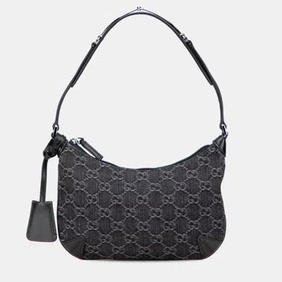 Pre-owned Gucci Black Small Gg Denim Horsebit Slim Hobo