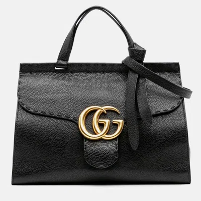 Pre-owned Gucci Black Small Gg Marmont Grained Calfskin Top Handle Satchel