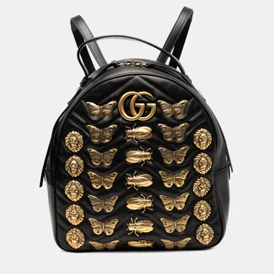 Pre-owned Gucci Black Small Gg Marmont Matelasse Leather Animalier Backpack