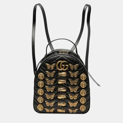 Pre-owned Gucci Black Small Gg Marmont Matelasse Leather Animalier Backpack