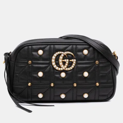 Pre-owned Gucci Black Small Gg Marmont Matelasse Leather Pearl Studded Crossbody