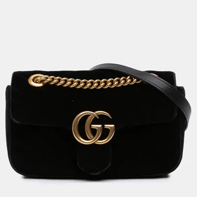 Pre-owned Gucci Black Small Gg Marmont Matelasse Velvet Shoulder Bag