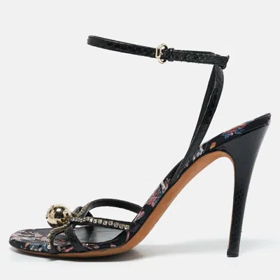 Pre-owned Gucci Black Snakeskin Leather Gg Crystal Embellished Ankle Strap Sandals Size 36.5
