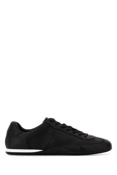 Gucci Men Black Low Top Sneakers With Web Tongue In Leather Man
