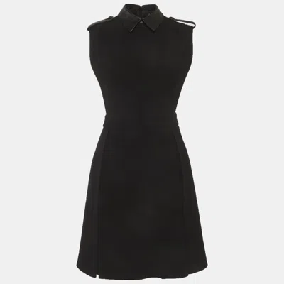Pre-owned Gucci Black Stretch Crepe Leather Trim Sleeveless Mini Dress M