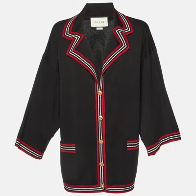 Pre-owned Gucci Black Striped Silk & Cotton Knit Cardigan M