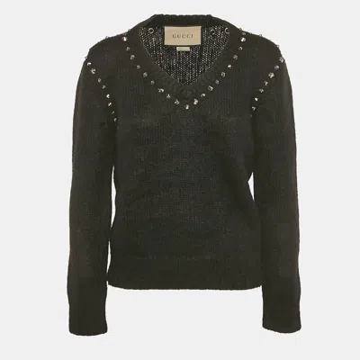 Pre-owned Gucci Black Studded Mohair Wool V-neck Sweater S