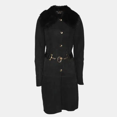 Pre-owned Gucci Black Suede And Fur Belted Mid-length Coat M