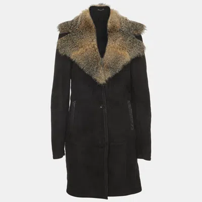 Pre-owned Gucci Black Suede And Fur Trim Single Breasted Shearling Coat M