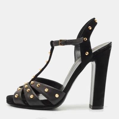 Pre-owned Gucci Black Suede And Leather Studded Ankle Strap Sandals Size 38