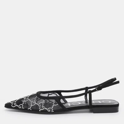 Pre-owned Gucci Black Suede And Mesh Crystal Embellished Slingback Pumps Size 37