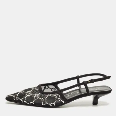 Pre-owned Gucci Black Suede And Mesh Crystal Embellished Slingback Pumps Size 37