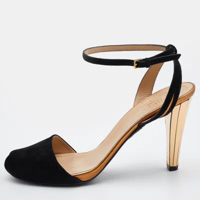 Pre-owned Gucci Black Suede Ankle Strap Peep Toe Sandals Size 37.5
