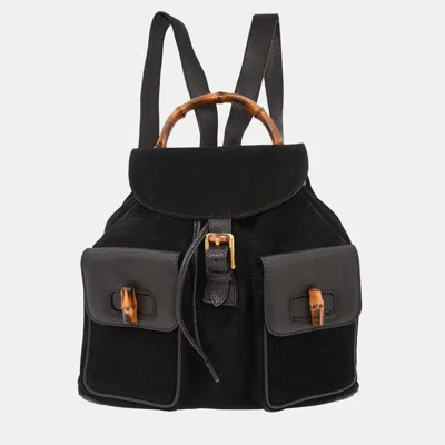 Pre-owned Gucci Black Suede Bamboo Backpack