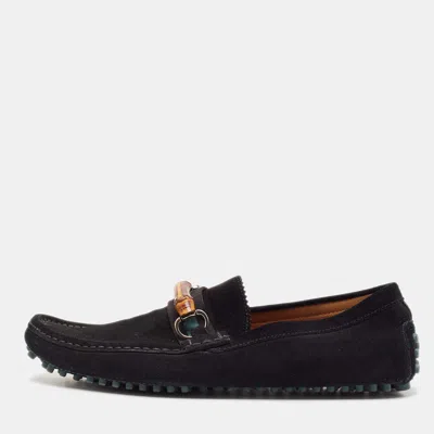 Pre-owned Gucci Black Suede Bamboo Horsebit Slip On Loafers Size 44.5
