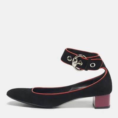 Pre-owned Gucci Black Suede Block Heel Ankle Strap Pumps Size 39